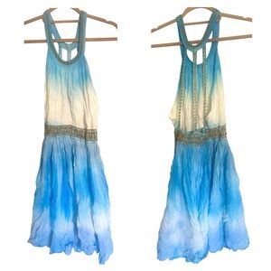 Ruffle 100 % cotton Blue and White Gold Embroidery Ombre Greek Goddess Dress 1